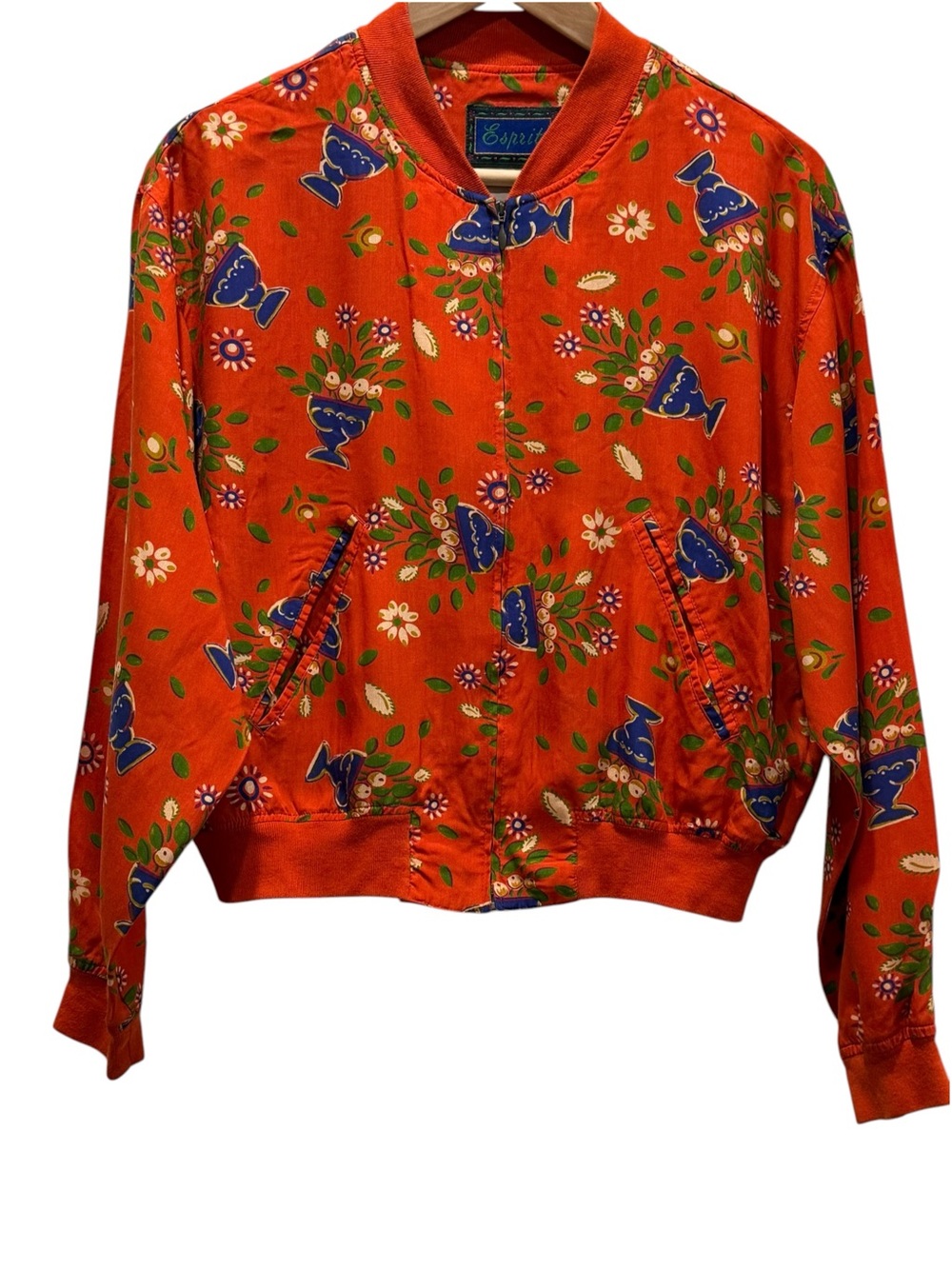 Vintage Esprit Floral Print Bomber Jacket Size S Orange Blue Botanical Boho
